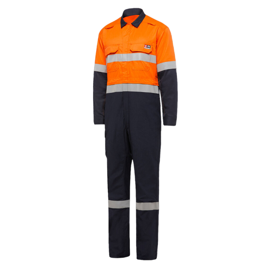 KingGee Men's Shieldtec Fr Hi Vis Two Tone Coverall With Fr Tape - Orange/Navy - STOUT/SHORT