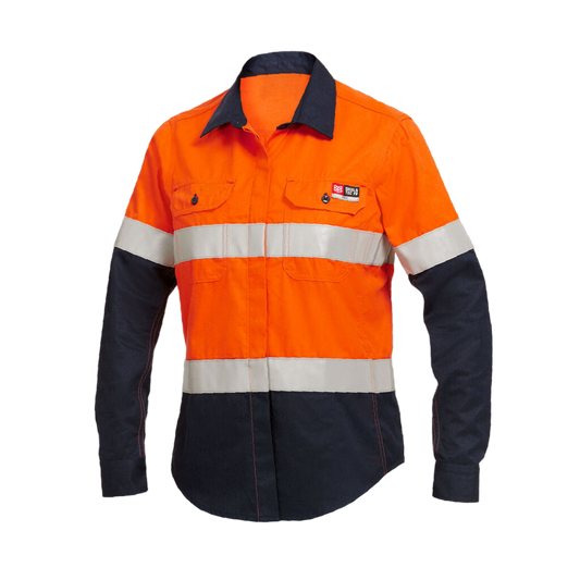 KingGee Women's Shieldtec Fr Hi Vis 2Tone Open Front Taped Shirt - Orange/Navy