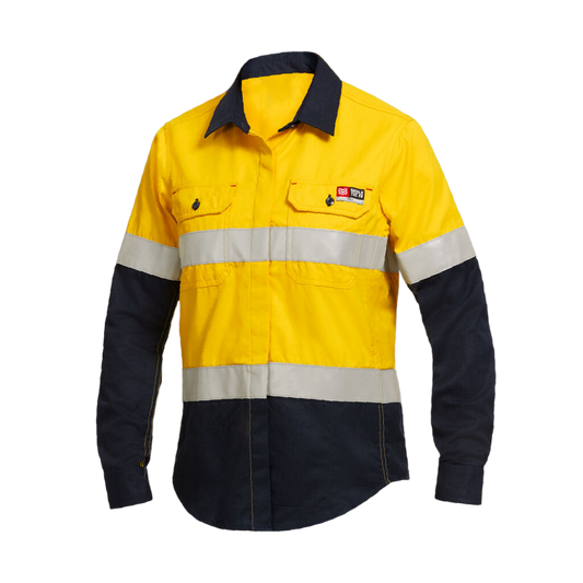 KingGee Women's Shieldtec Fr Hi Vis 2Tone Open Front Taped Shirt - Yellow/Navy