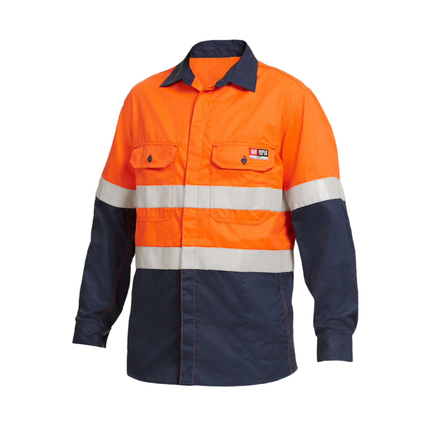 KingGee Men's Shieldtec Fr Hi Vis 2 Tone Open Front Taped Shirt - Orange/Navy