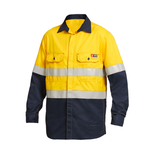 KingGee Men's Shieldtec Fr Hi Vis 2 Tone Open Front Taped Shirt - Yellow/Navy