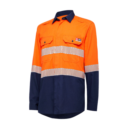 KingGee Men's Shieldtec Lenzing Fr Hi Vis 2Tone Open Front Taped Shirt - Orange/Navy