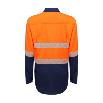 KingGee Men's Shieldtec Lenzing Fr Hi Vis 2Tone Open Front Taped Shirt - Orange/Navy