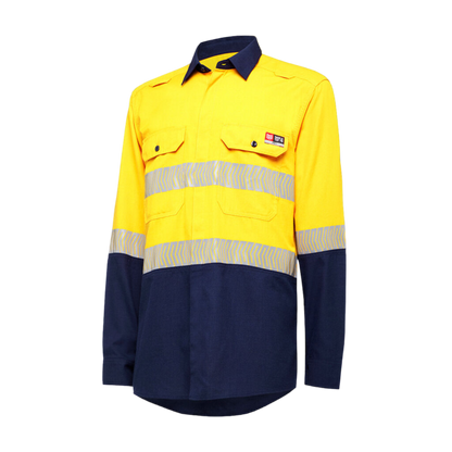KingGee Men's Shieldtec Lenzing Fr Hi Vis 2Tone Open Front Taped Shirt - Yellow/Navy