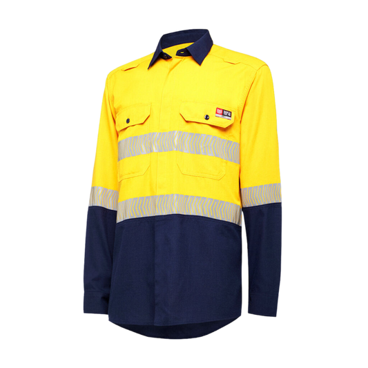 KingGee Men's Shieldtec Lenzing Fr Hi Vis 2Tone Open Front Taped Shirt - Yellow/Navy