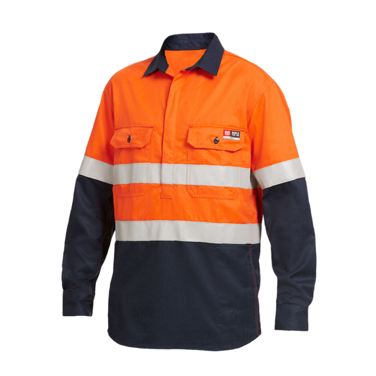 KingGee Men's Shieldtec Fr Hi Vis 2 Tone Closed Front Taped Shirt - Orange/Navy