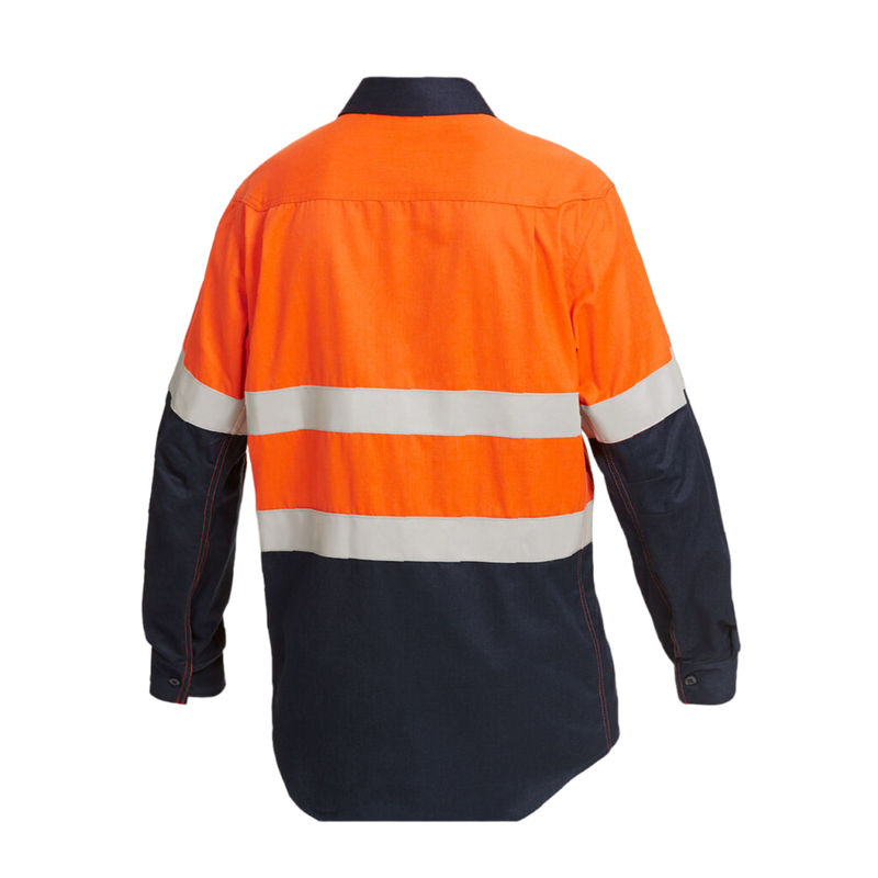 KingGee Men's Shieldtec Fr Hi Vis 2 Tone Closed Front Taped Shirt - Orange/Navy