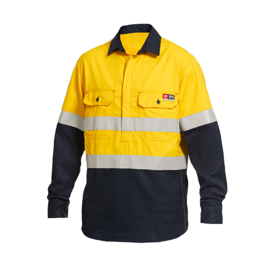KingGee Men's Shieldtec Fr Hi Vis 2 Tone Closed Front Taped Shirt - Yellow/Navy