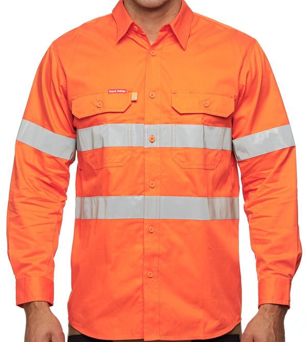 Hard Yakka Men's Koolgear Ventilated Hi-Vis Long Sleeve Taped Shirt (Safety Orange, Size 2XL) Workwear Hard Yakka 
